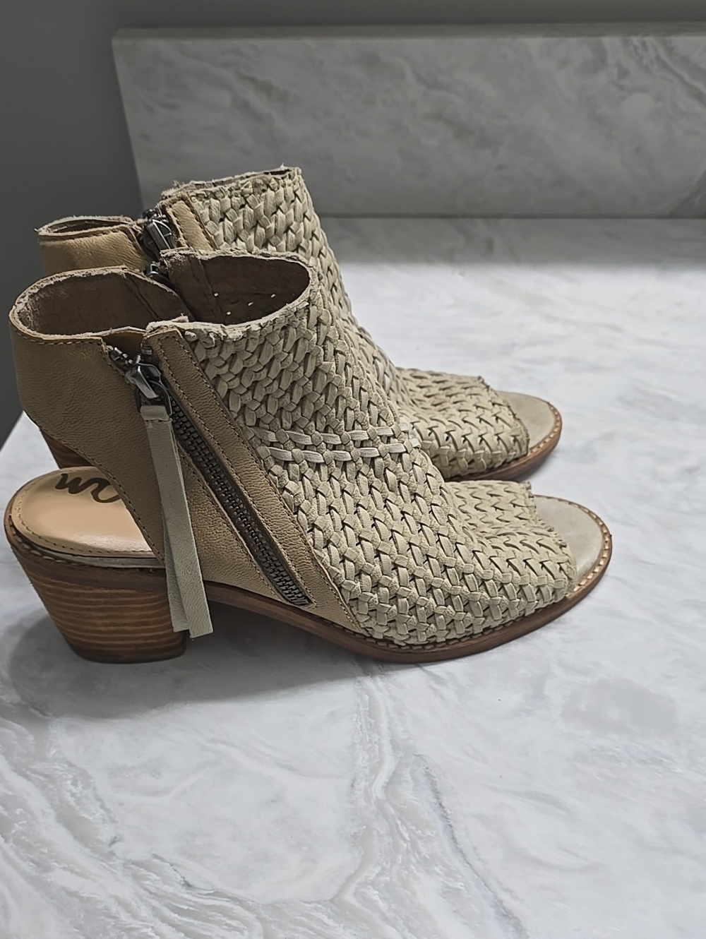 Sam Edelman Woven Open-Toe Ankle Boots in Light Beige
